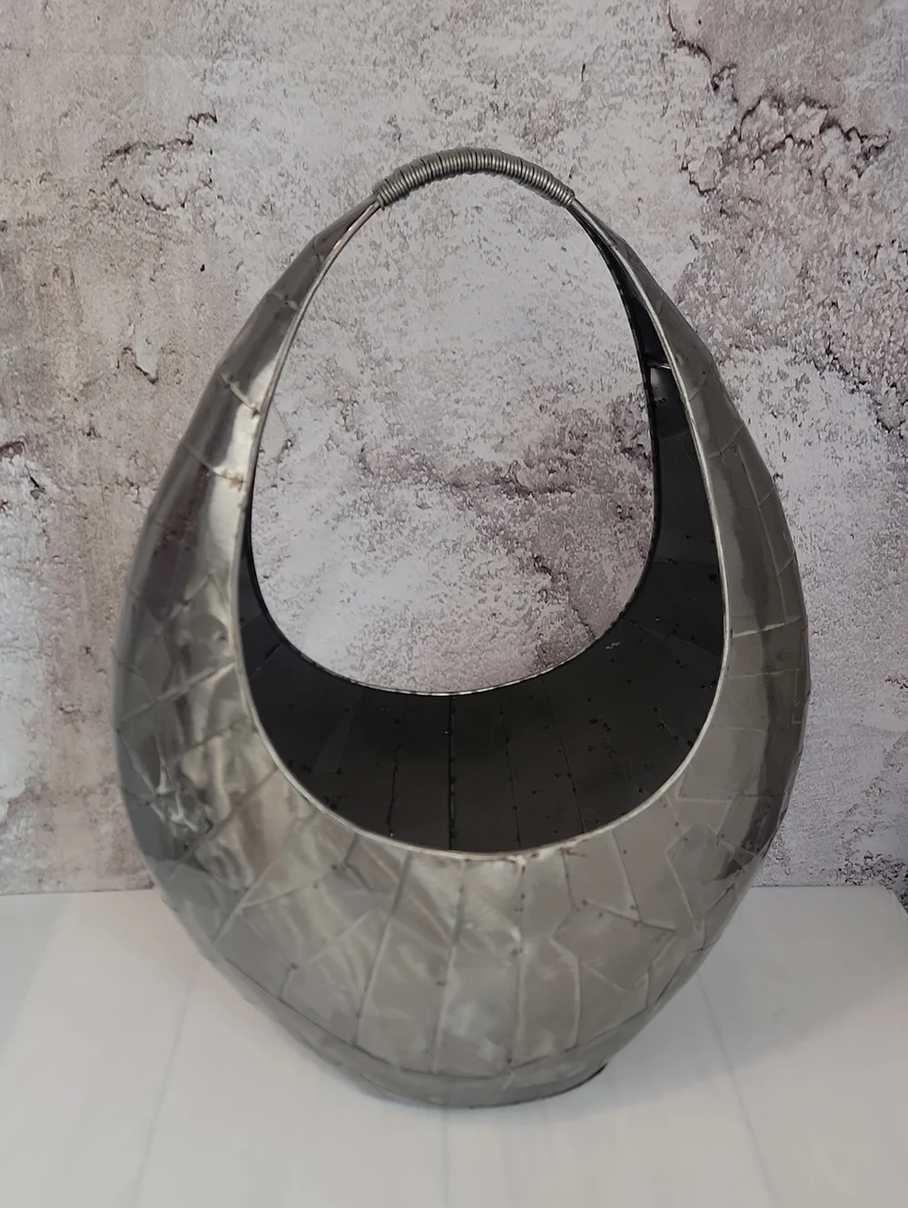 Modern Brutalist Metal Crescent Basket - Silver Home Art Accent